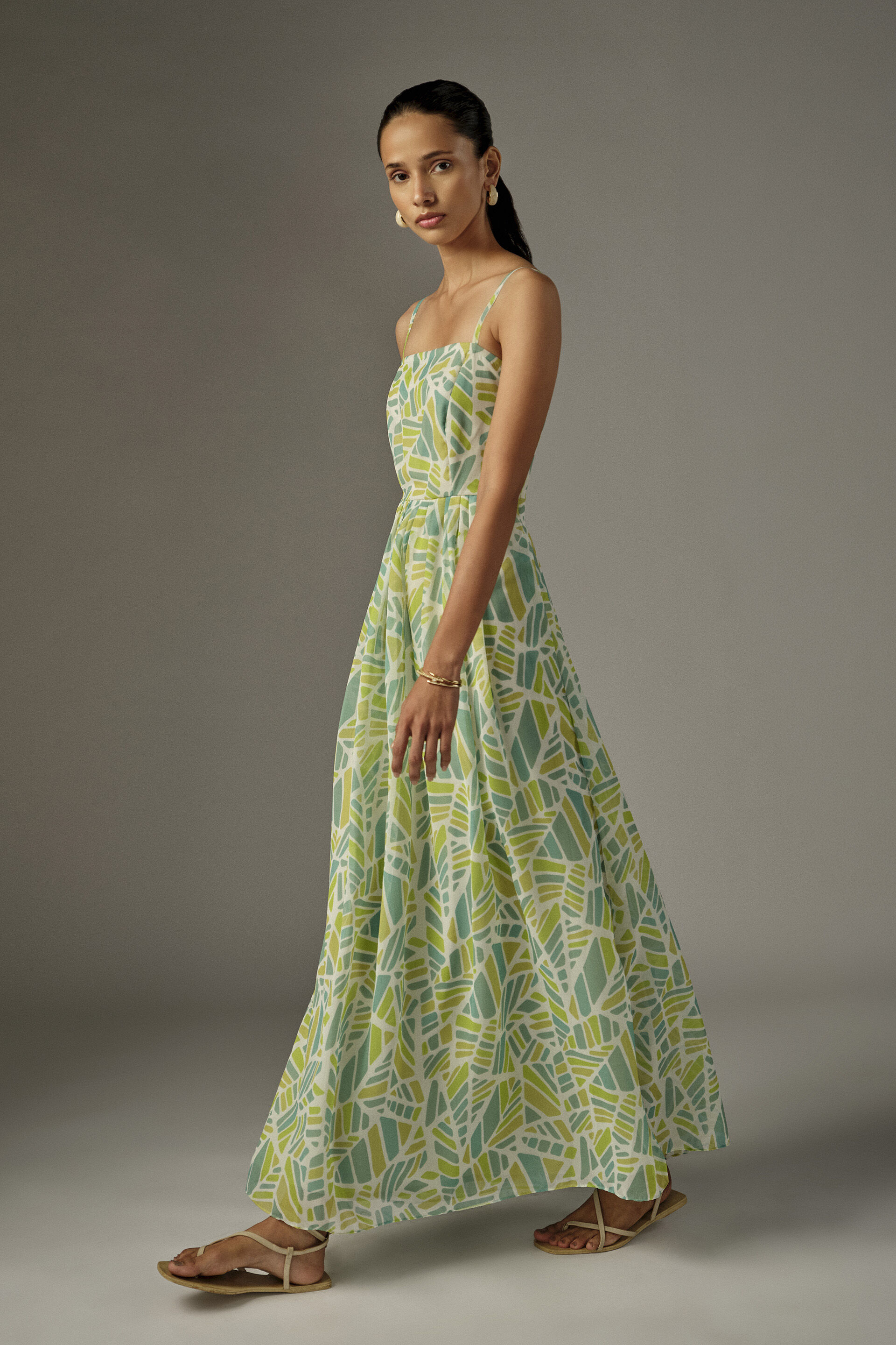 Fit & Flare Printed Maxi Dress in Green, Green, image 4